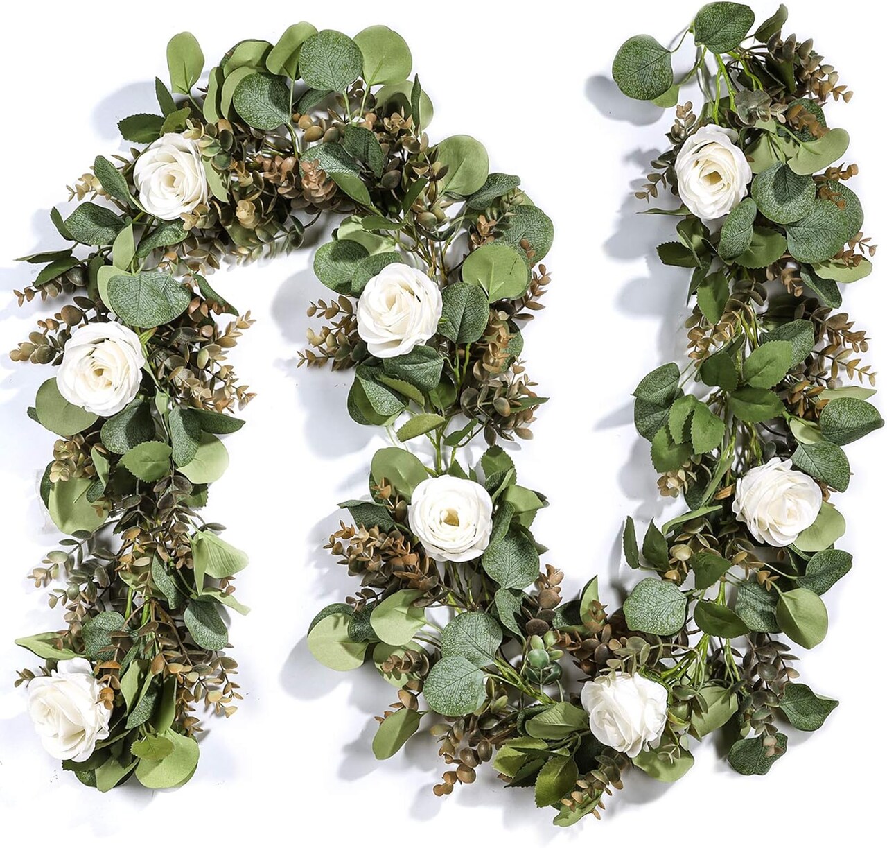 6.5Ft Artificial Eucalyptus Flower Garland with Fake Rose Flower Vine Seeded Eucalyptus Leaves Greenery Garland for Wedding Arch Table Runner Backdrop Party Centerpiece Room Decor (White/1)